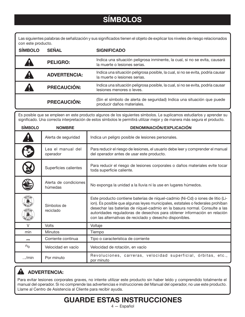 Símbolos guarde estas instrucciones | Ryobi P716 User Manual | Page 18 / 24