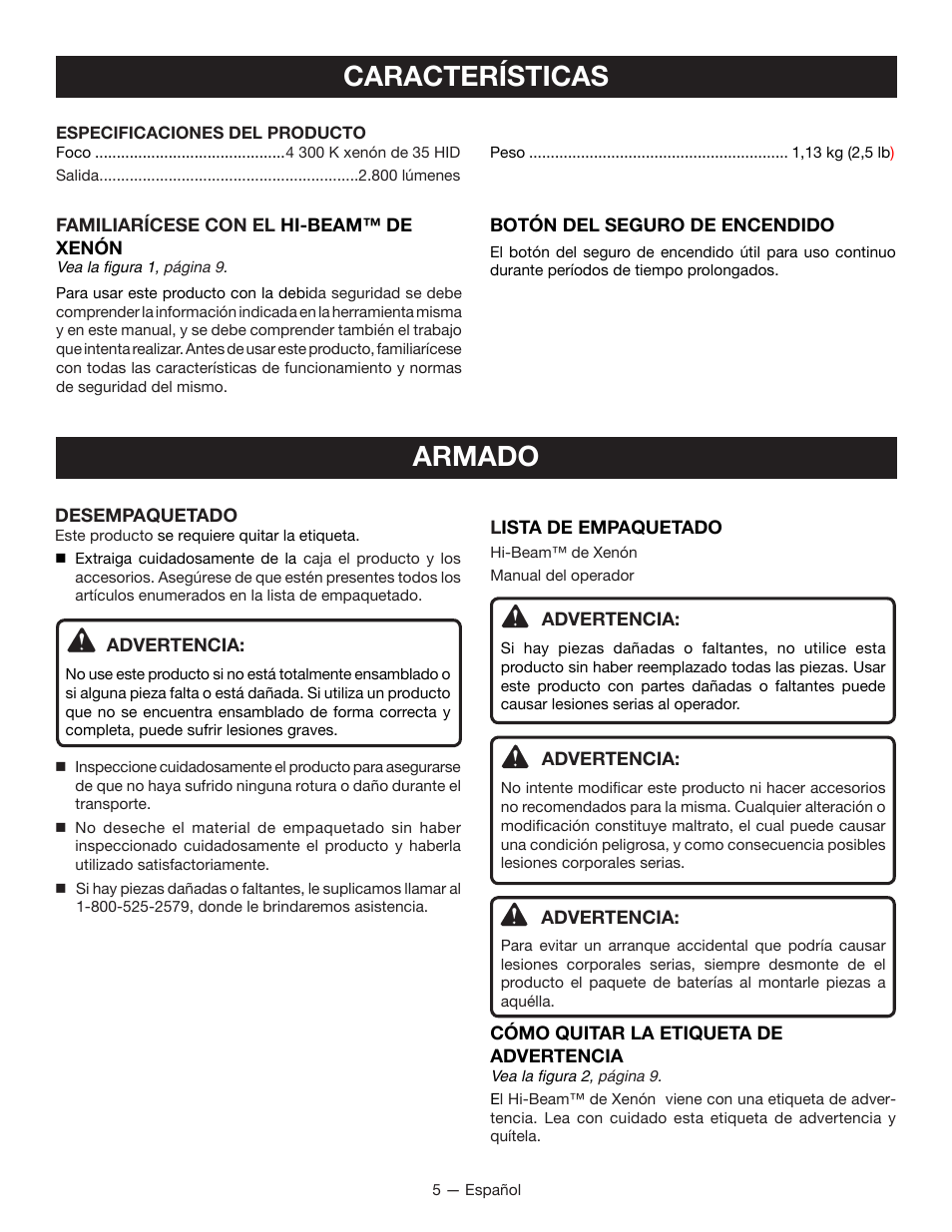 Características, Armado | Ryobi P716 User Manual | Page 19 / 24