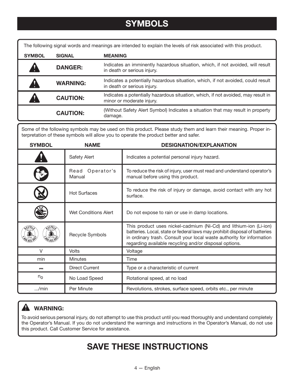 Symbols, Save these instructions | Ryobi P716 User Manual | Page 4 / 24
