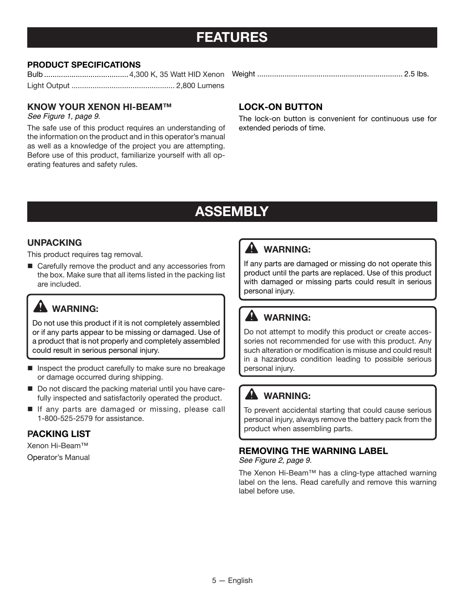 Features, Assembly | Ryobi P716 User Manual | Page 5 / 24