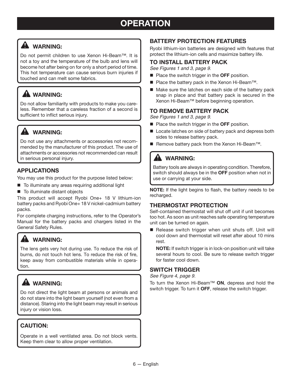 Operation | Ryobi P716 User Manual | Page 6 / 24