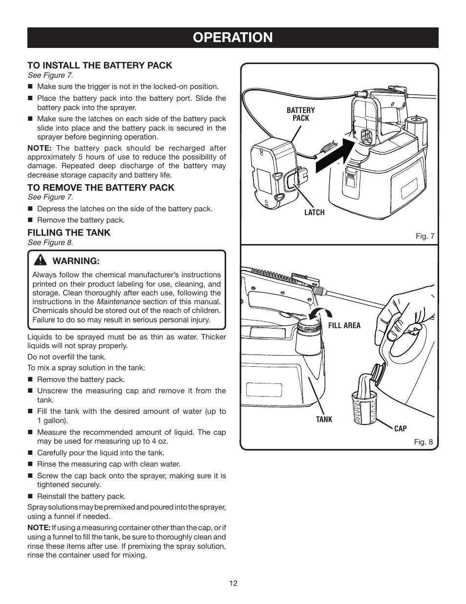 Operation, Filling the tank, Warning | Ryobi P2400 User Manual | Page 12 / 16