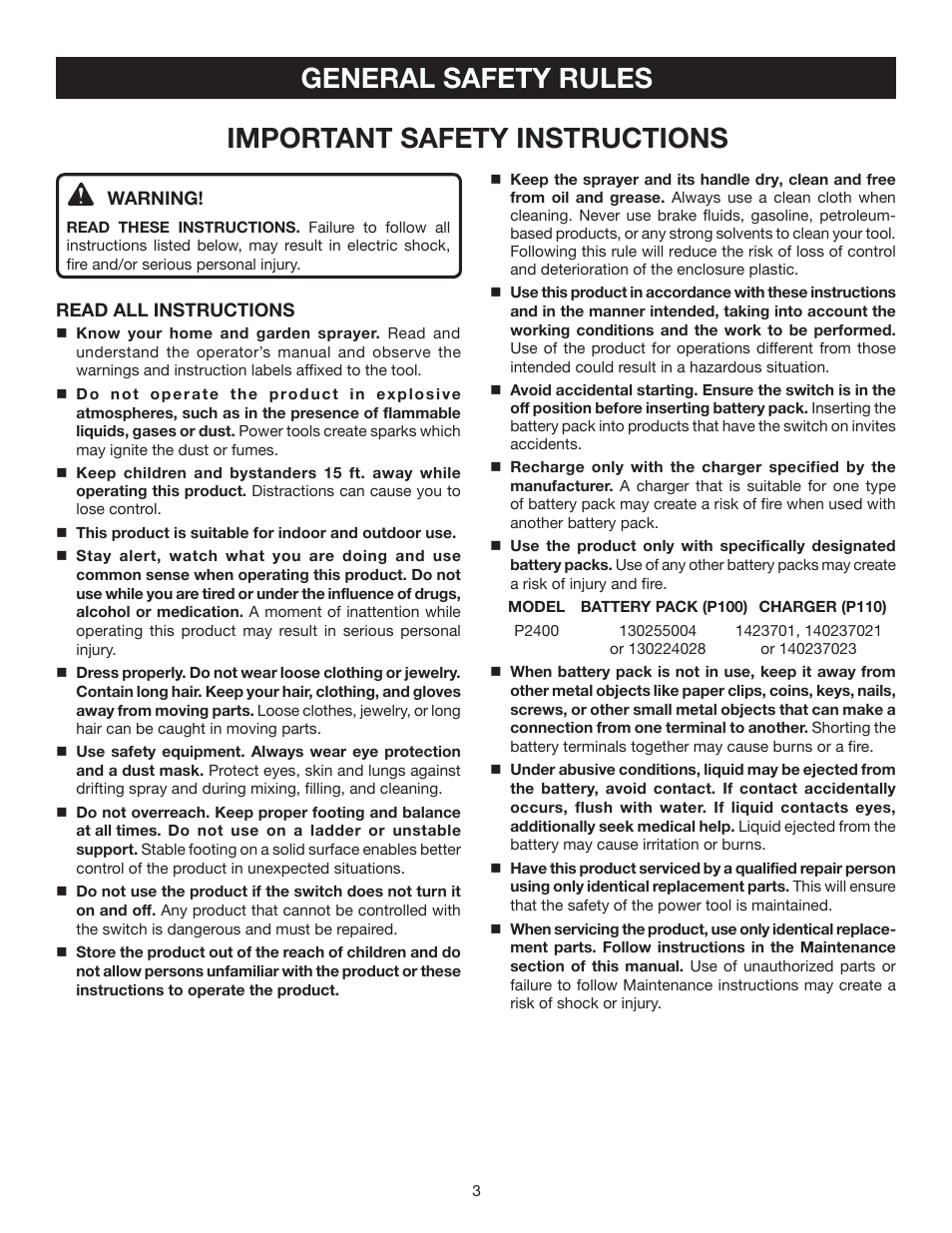 General safety rules, Important safety instructions | Ryobi P2400 User Manual | Page 3 / 16