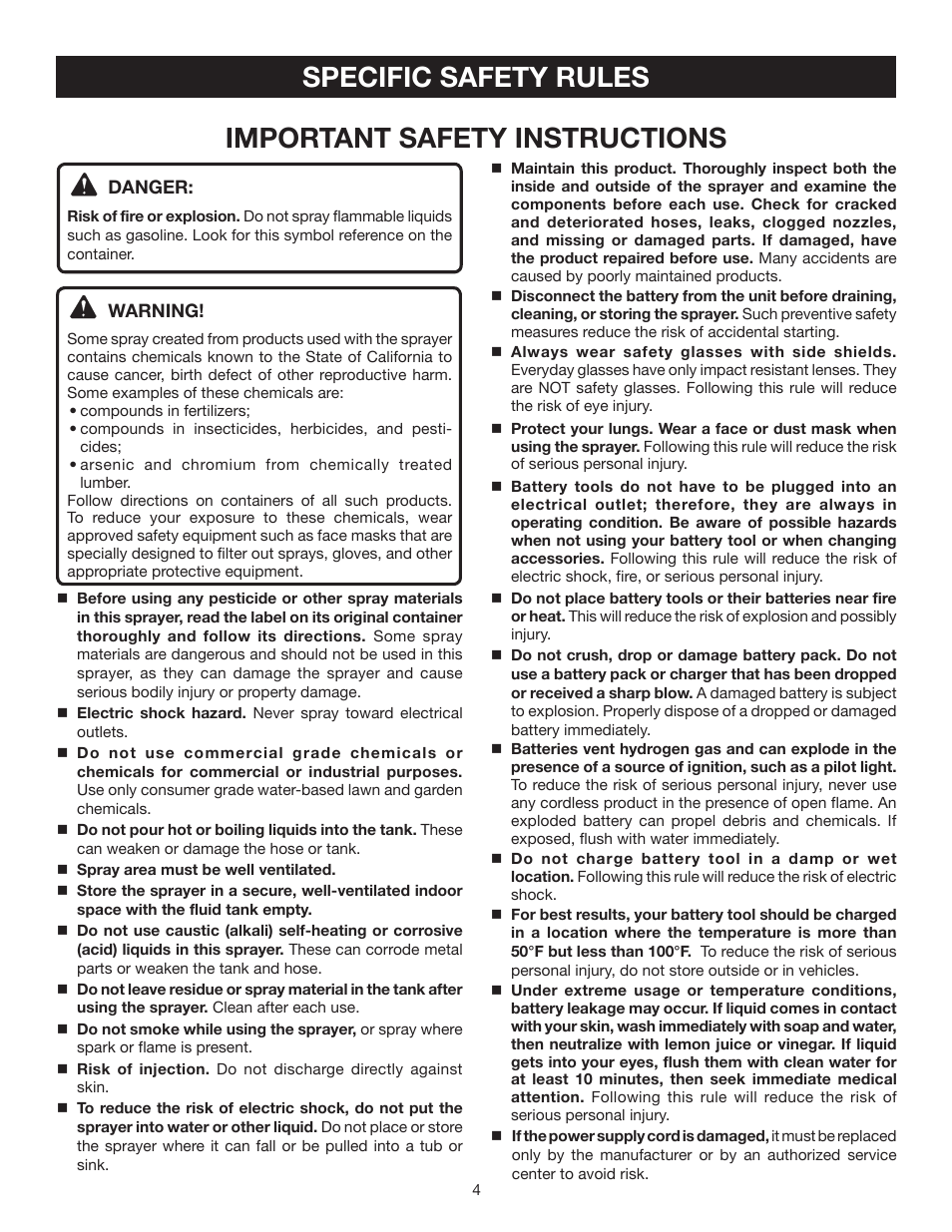 Specific safety rules, Important safety instructions | Ryobi P2400 User Manual | Page 4 / 16