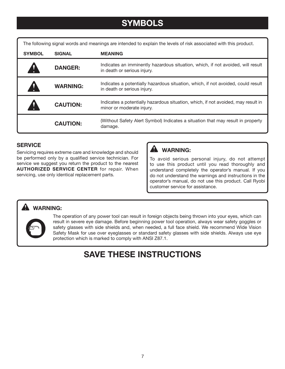 Symbols, Save these instructions | Ryobi P2400 User Manual | Page 7 / 16