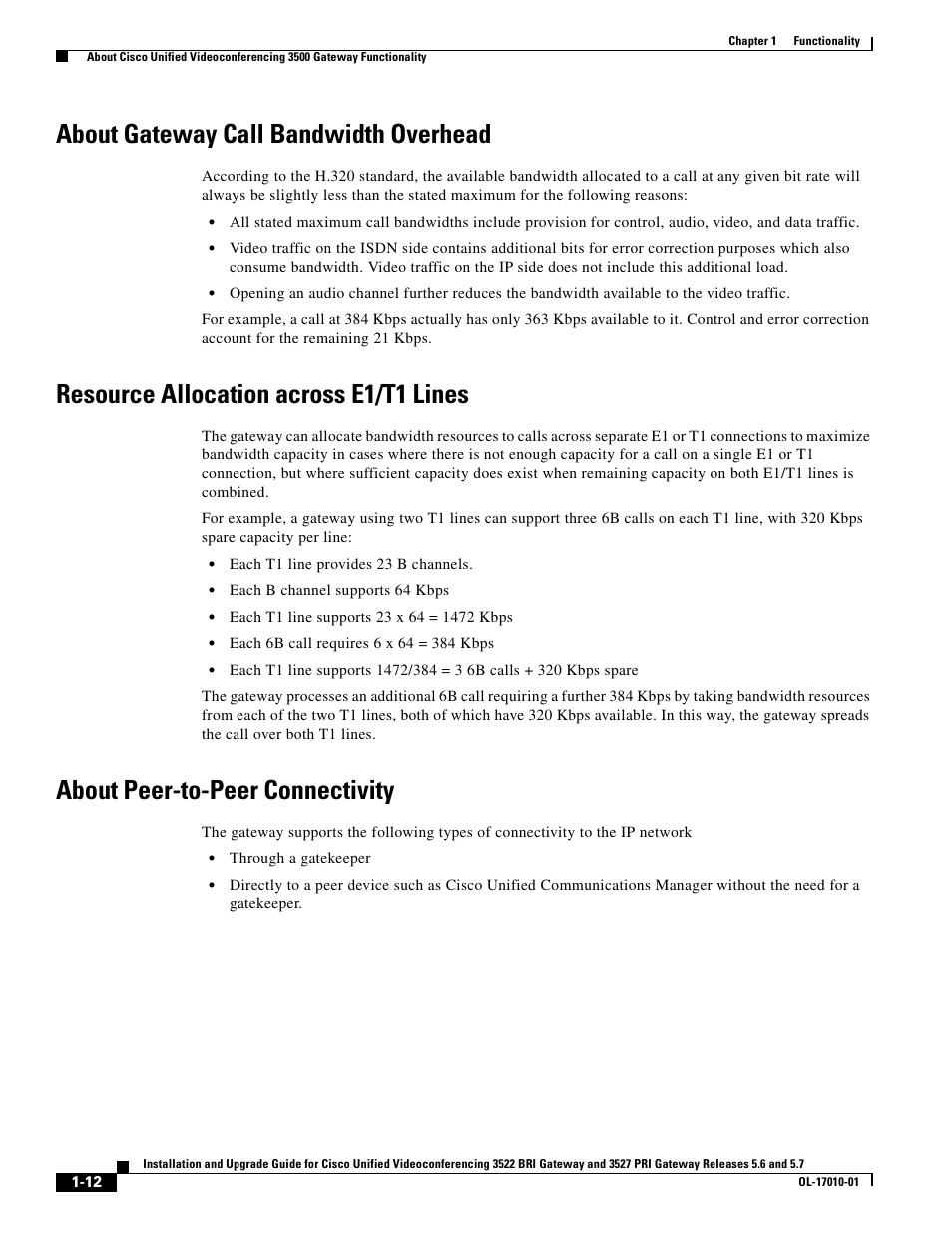 About gateway call bandwidth overhead, Resource allocation across e1/t1 lines, About peer-to-peer connectivity | Cisco 3522 BRI User Manual | Page 18 / 52