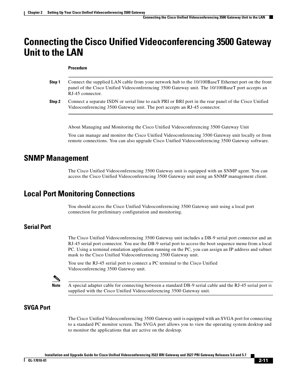 Snmp management, Local port monitoring connections, Serial port | Svga port | Cisco 3522 BRI User Manual | Page 29 / 52