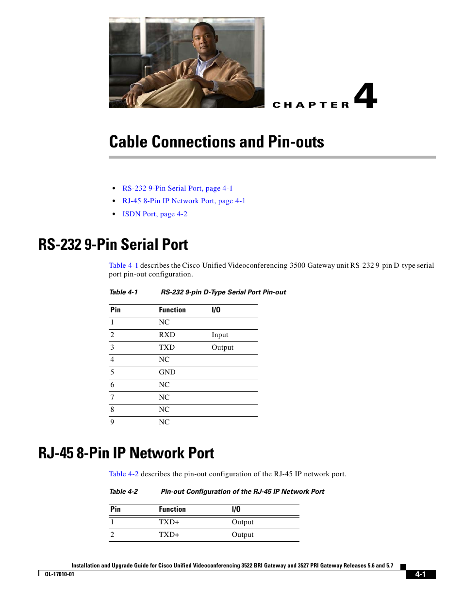 Cable connections and pin-outs, Rs-232 9-pin serial port, Rj-45 8-pin ip network port | Cisco 3522 BRI User Manual | Page 35 / 52