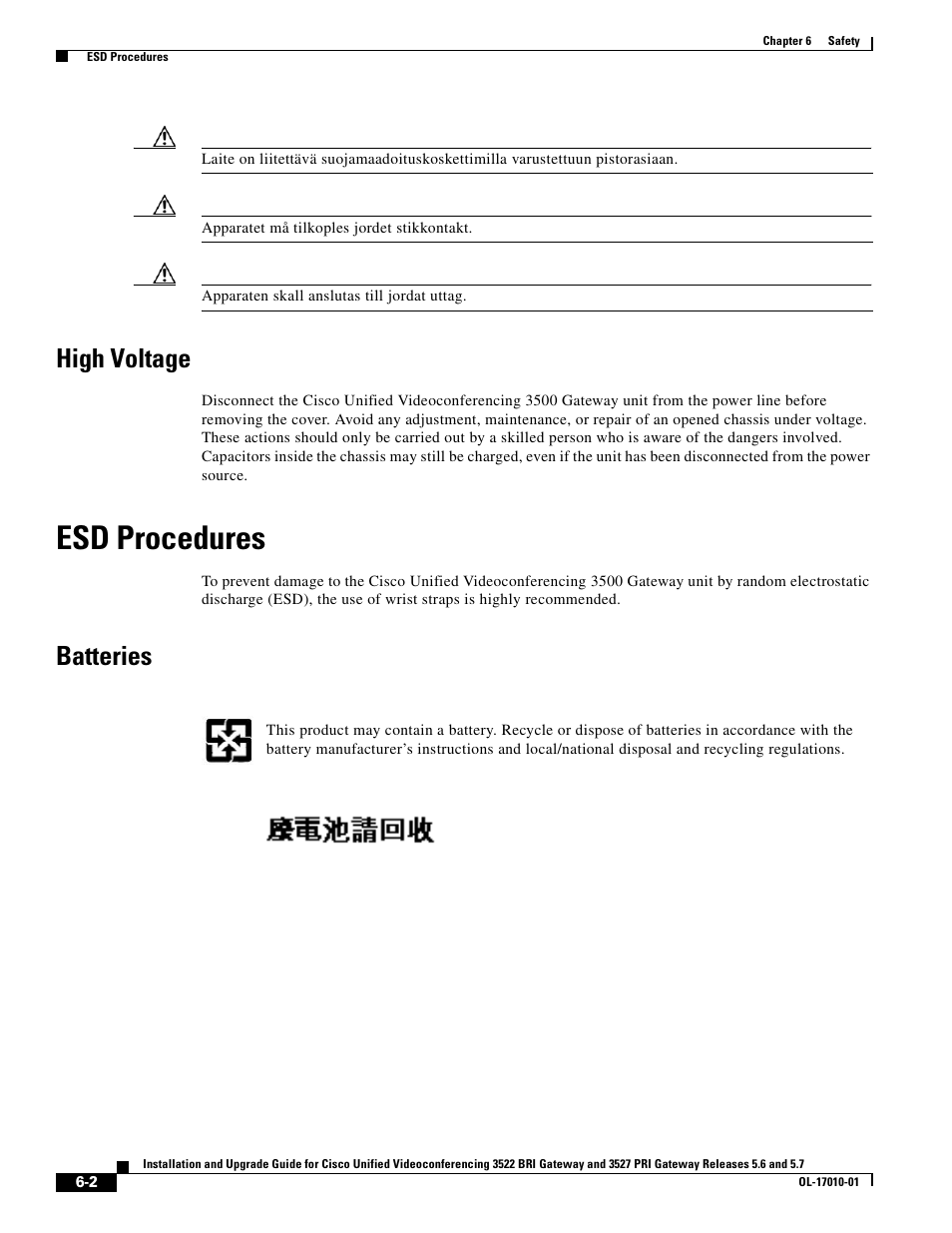 High voltage, Esd procedures, Batteries | Cisco 3522 BRI User Manual | Page 40 / 52