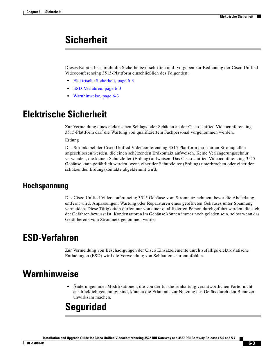 Sicherheit, Elektrische sicherheit, Hochspannung | Esd-verfahren, Warnhinweise, Seguridad | Cisco 3522 BRI User Manual | Page 41 / 52