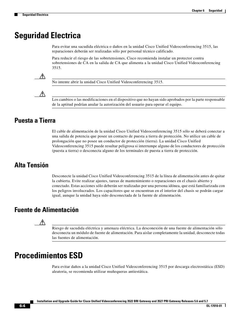 Seguridad electrica, Puesta a tierra, Alta tensión | Fuente de alimentación, Procedimientos esd | Cisco 3522 BRI User Manual | Page 42 / 52
