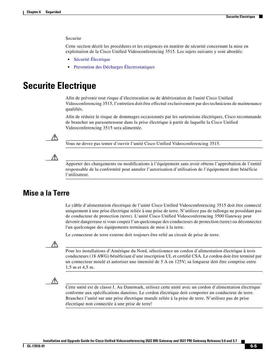Securite electrique, Mise a la terre | Cisco 3522 BRI User Manual | Page 43 / 52