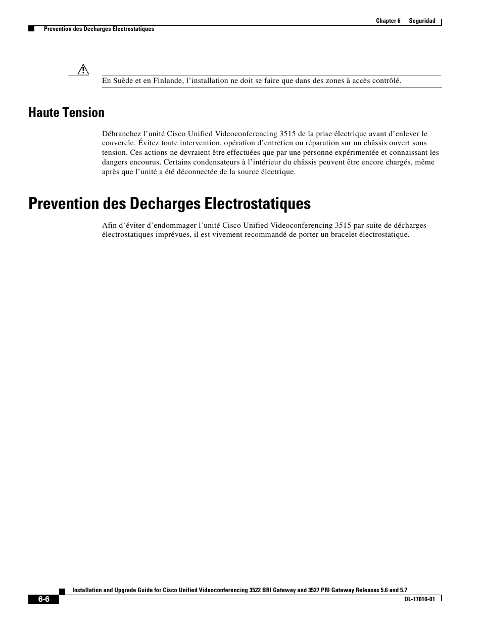 Haute tension, Prevention des decharges electrostatiques | Cisco 3522 BRI User Manual | Page 44 / 52