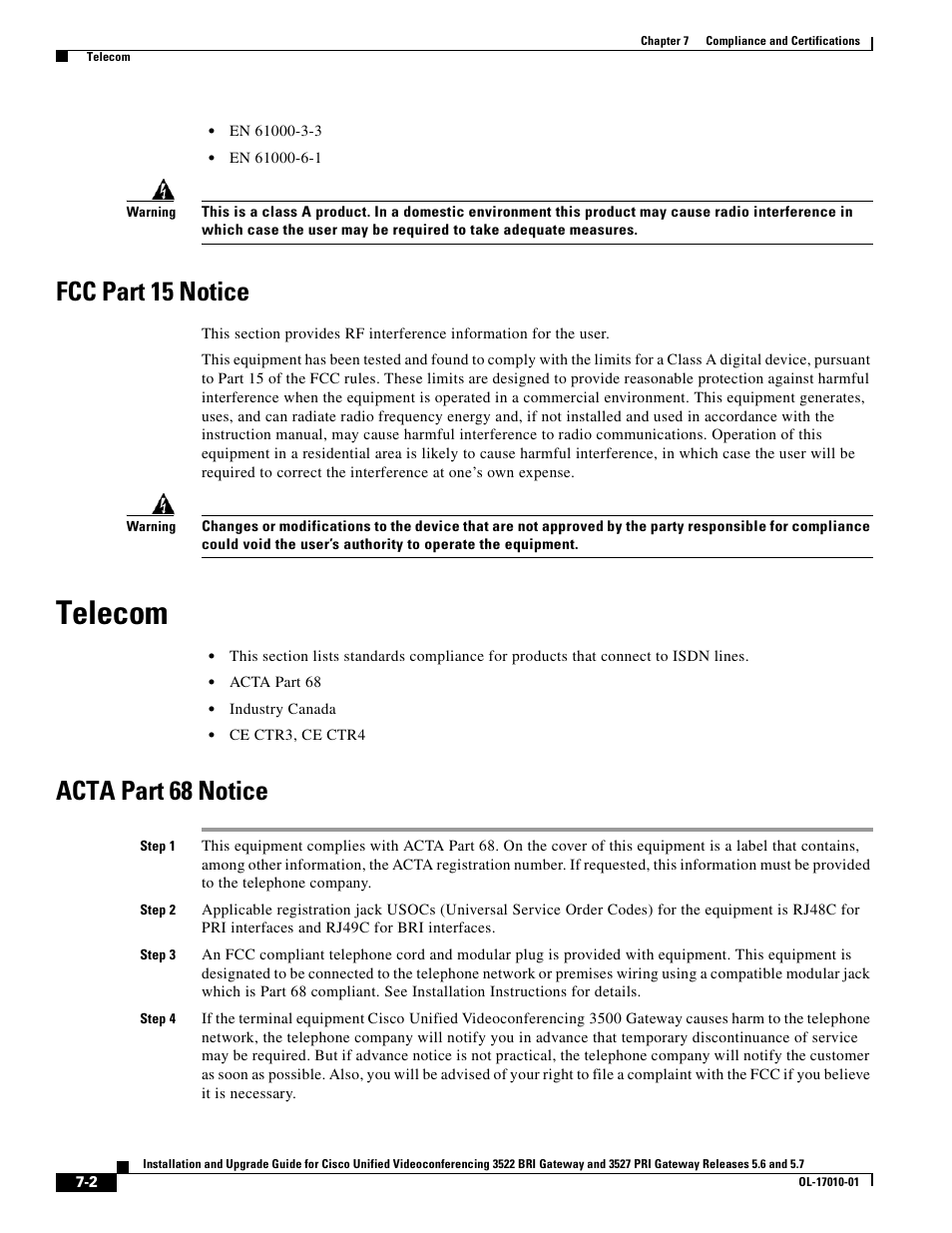 Fcc part 15 notice, Telecom, Acta part 68 notice | Cisco 3522 BRI User Manual | Page 46 / 52