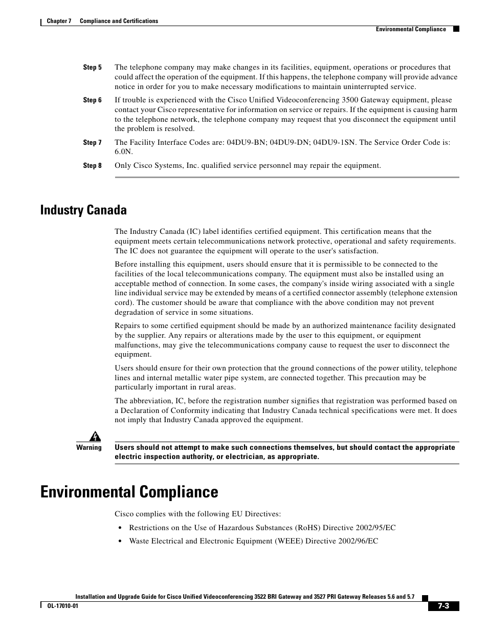 Industry canada, Environmental compliance | Cisco 3522 BRI User Manual | Page 47 / 52