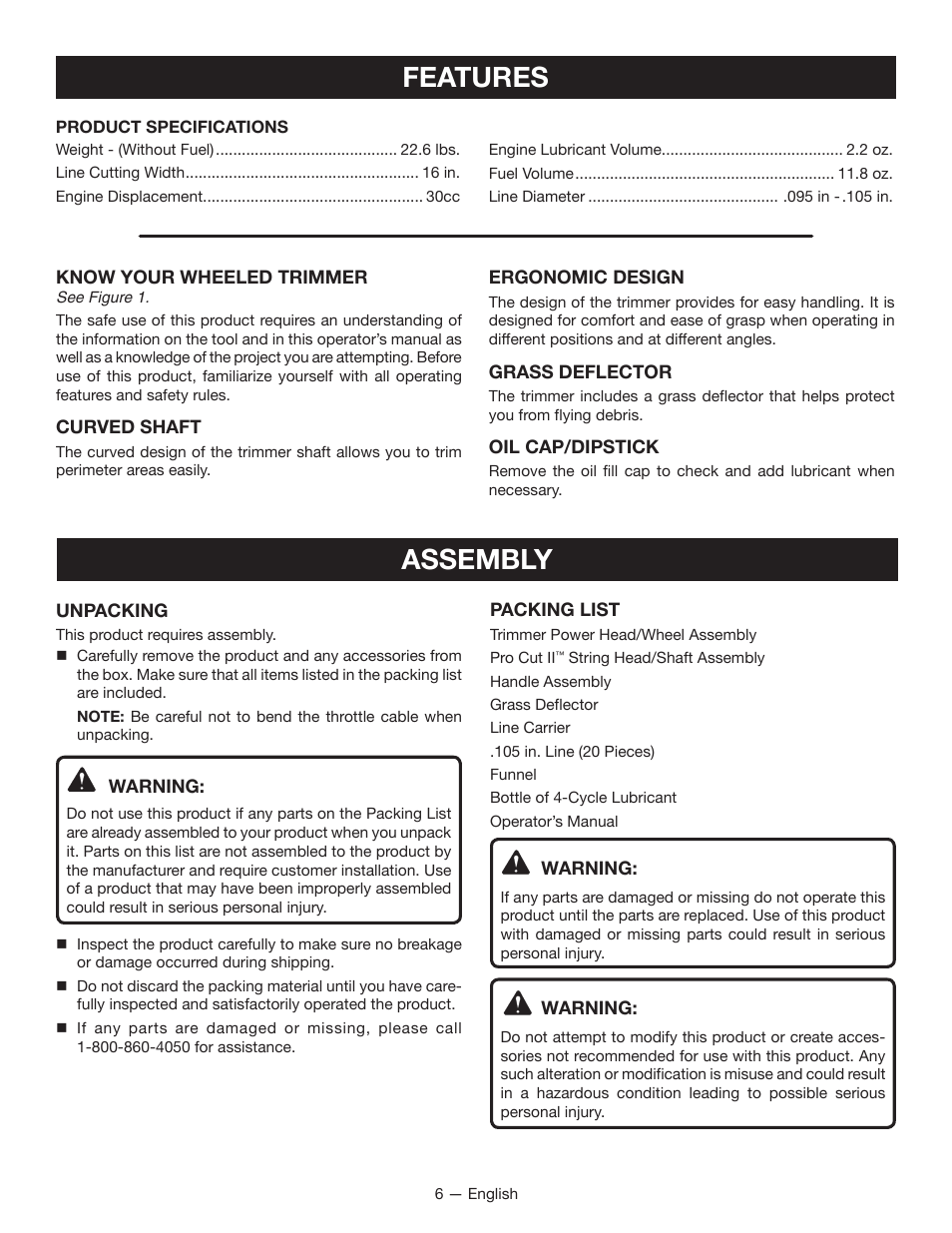 Features, Assembly | Ryobi RY13010 User Manual | Page 10 / 48