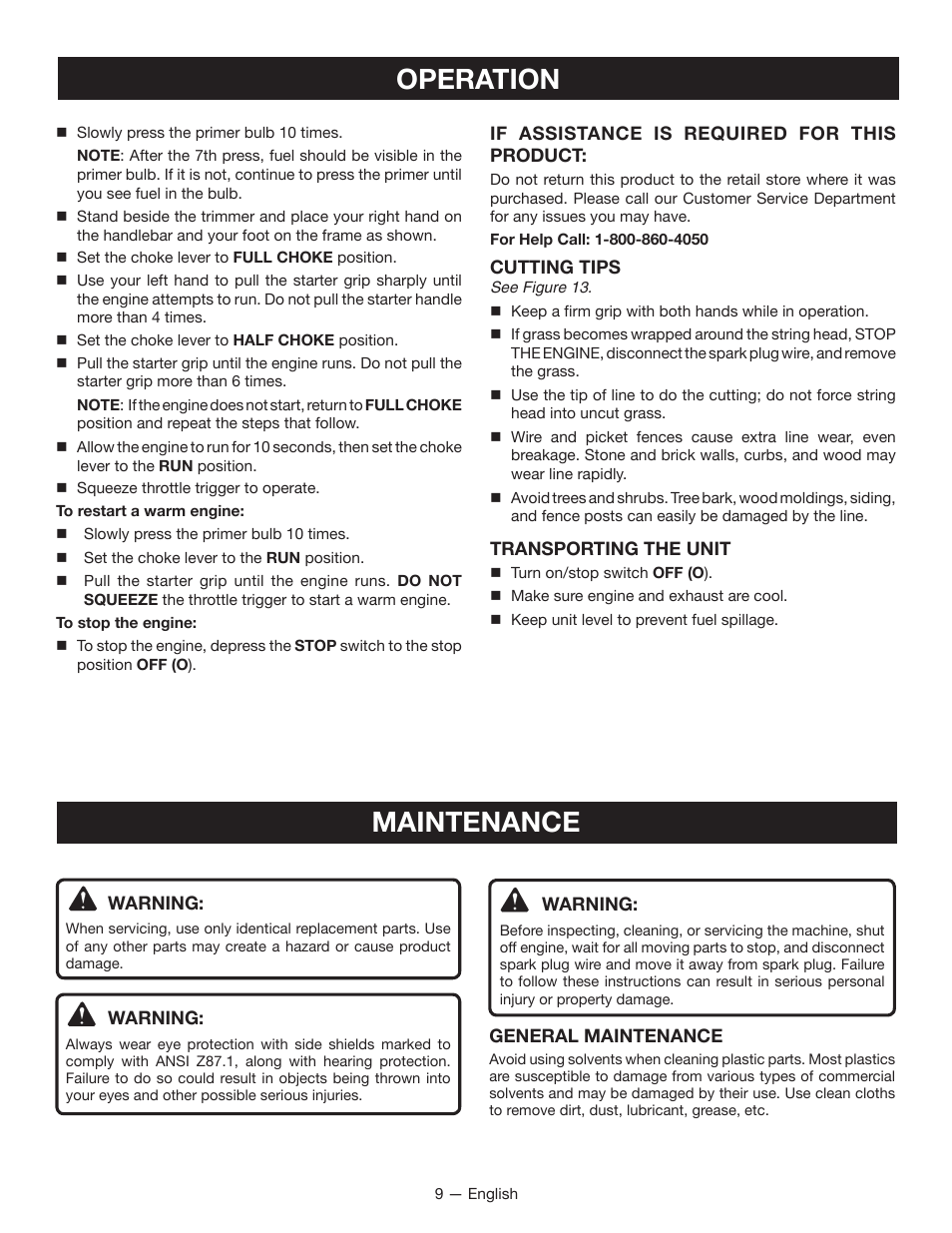 Operation, Maintenance | Ryobi RY13010 User Manual | Page 13 / 48