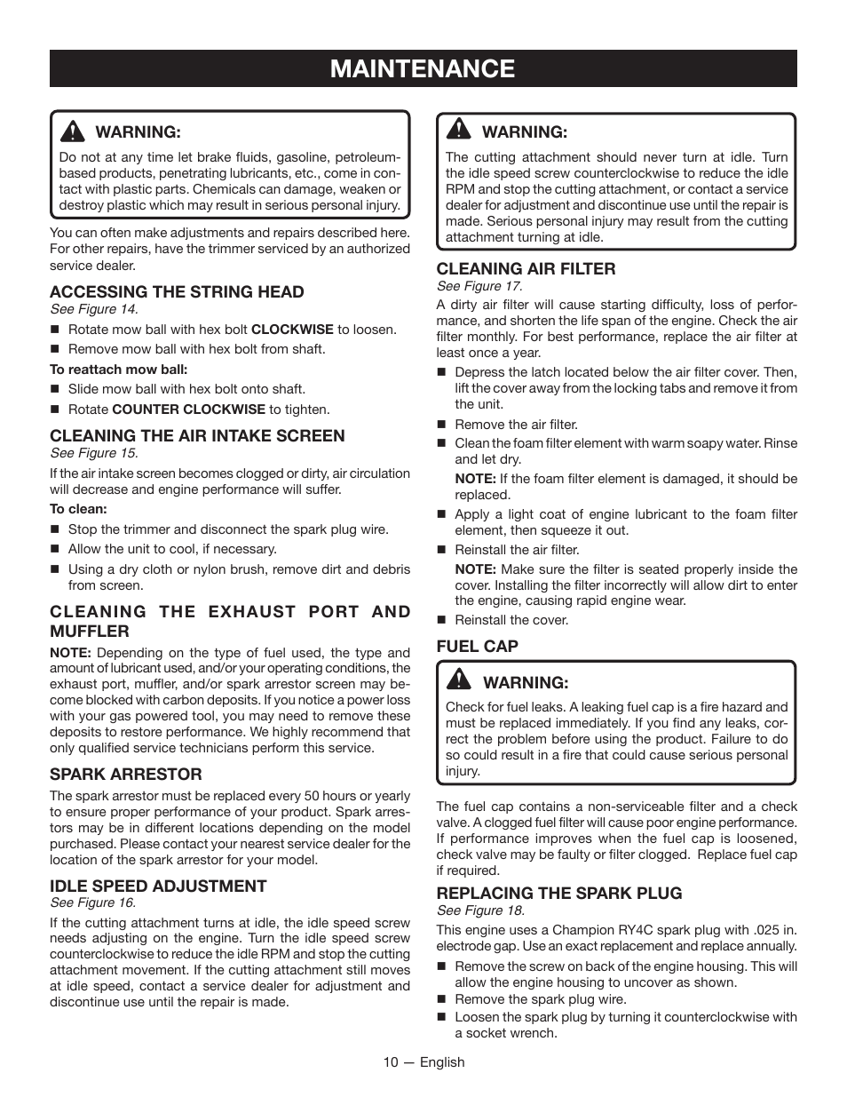 Maintenance | Ryobi RY13010 User Manual | Page 14 / 48