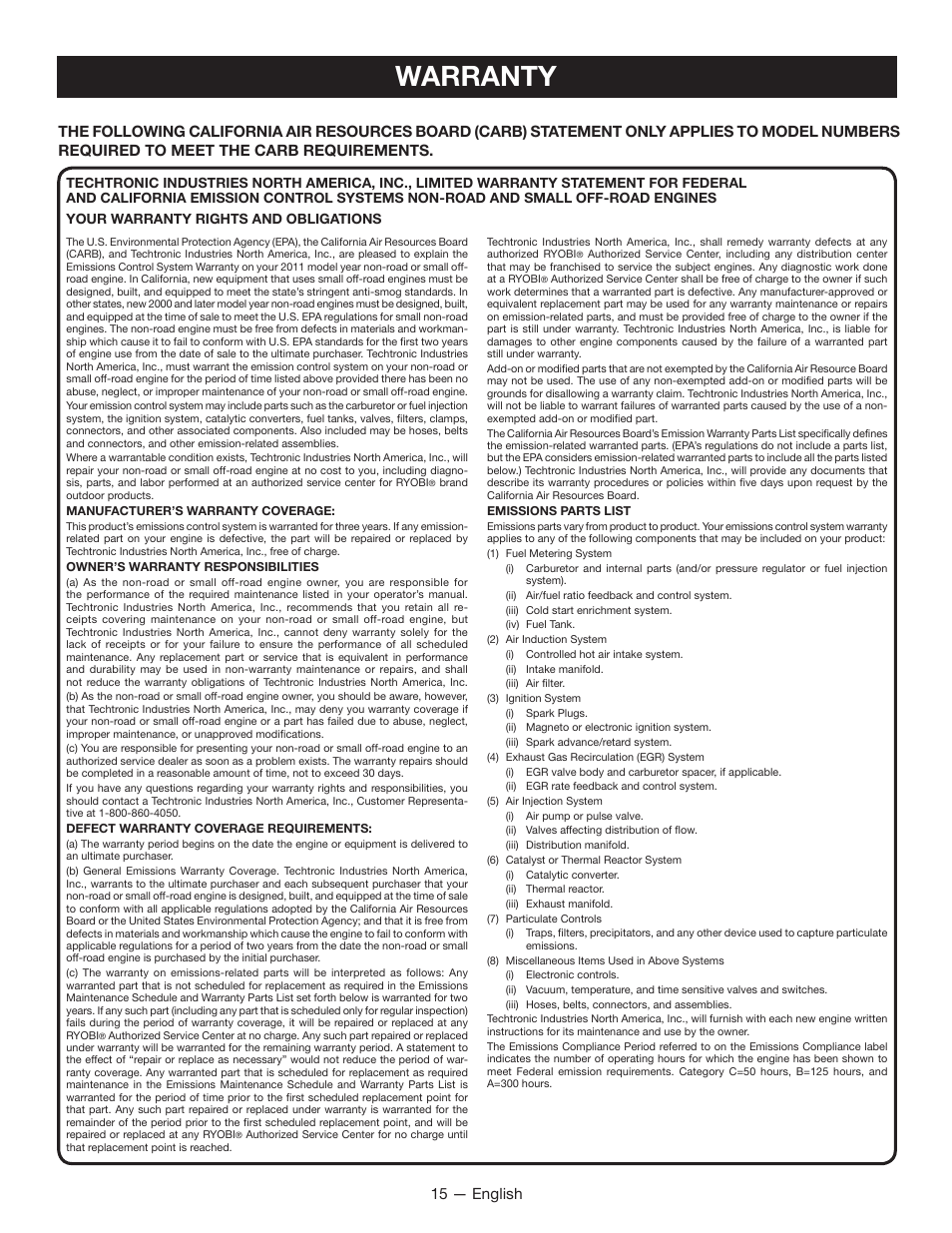 Warranty, 15 — english | Ryobi RY13010 User Manual | Page 19 / 48
