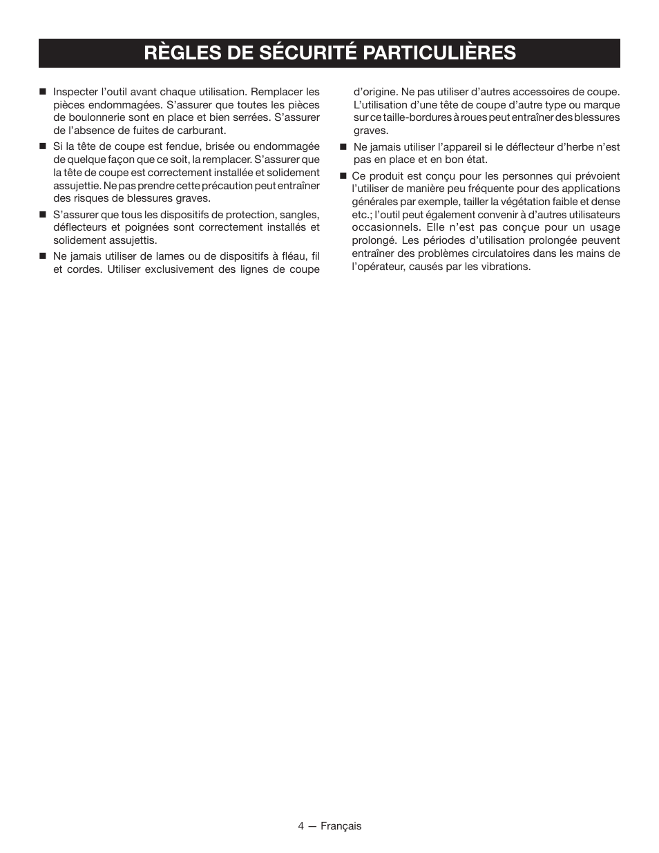 Règles de sécurité particulières | Ryobi RY13010 User Manual | Page 22 / 48