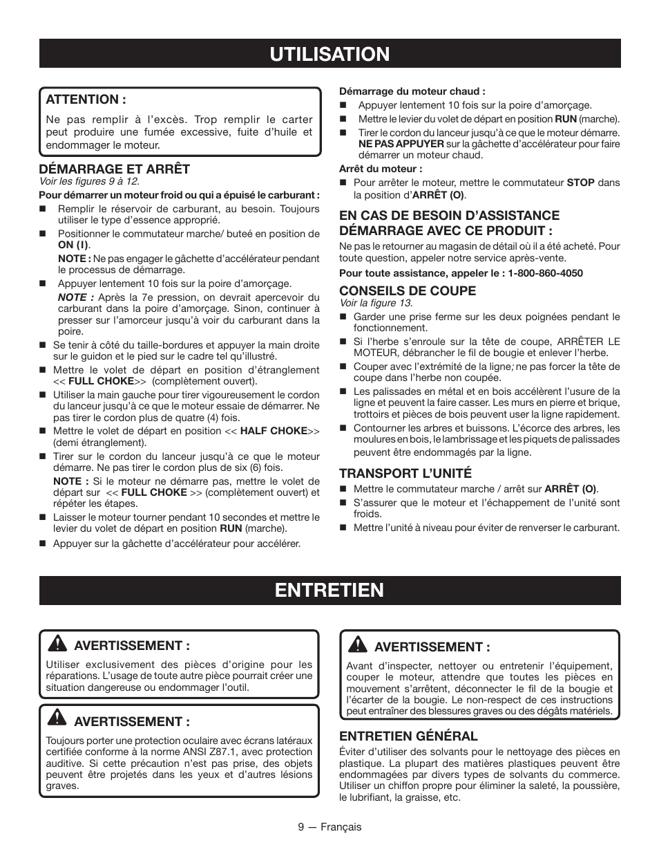 Utilisation, Entretien | Ryobi RY13010 User Manual | Page 27 / 48