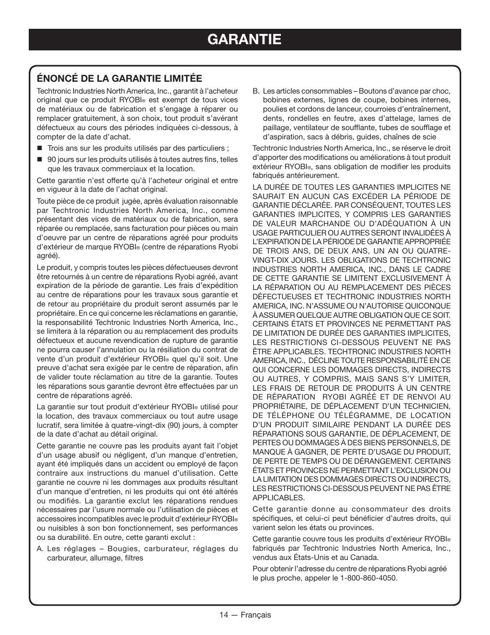 Garantie, Énoncé de la garantie limitée | Ryobi RY13010 User Manual | Page 32 / 48