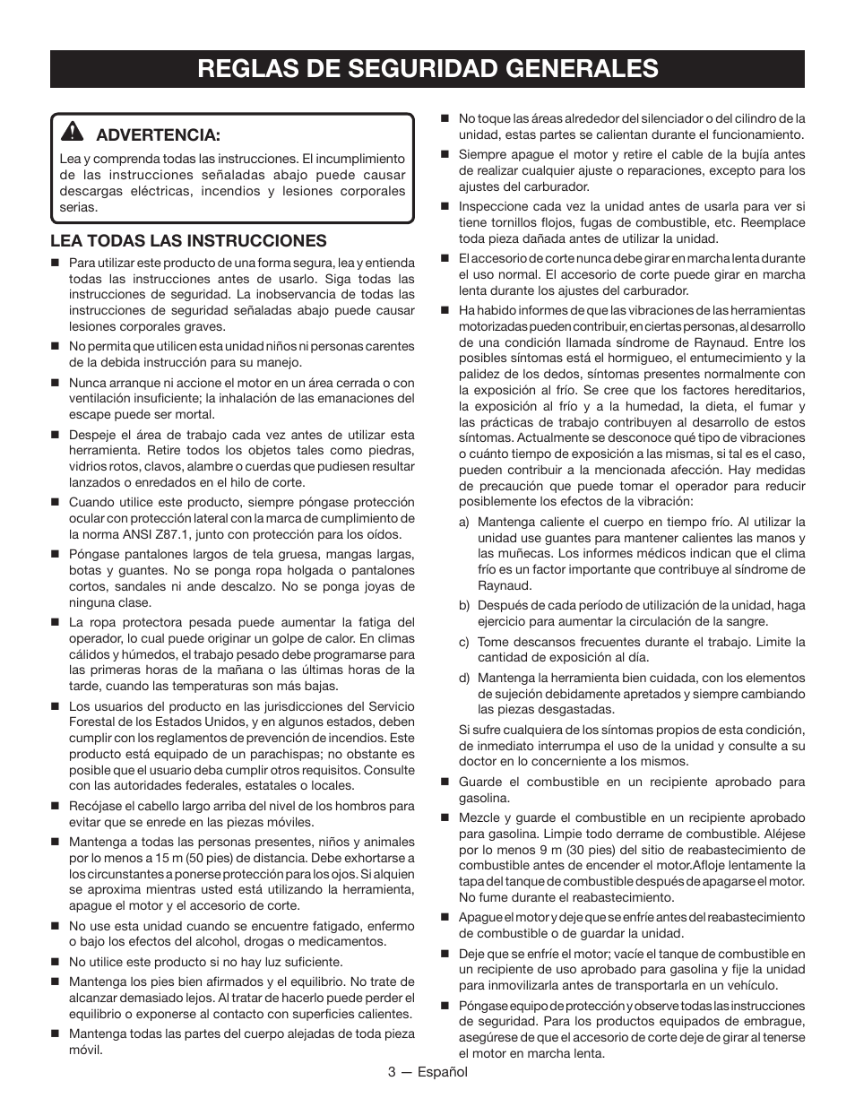 Reglas de seguridad generales, Advertencia, Lea todas las instrucciones | Ryobi RY13010 User Manual | Page 34 / 48