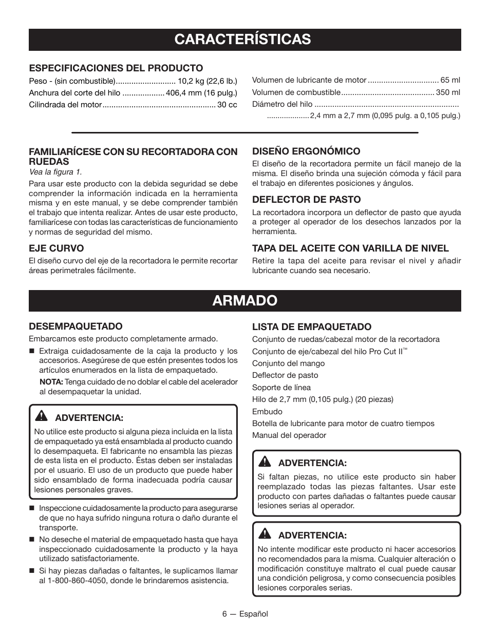 Características, Armado | Ryobi RY13010 User Manual | Page 37 / 48