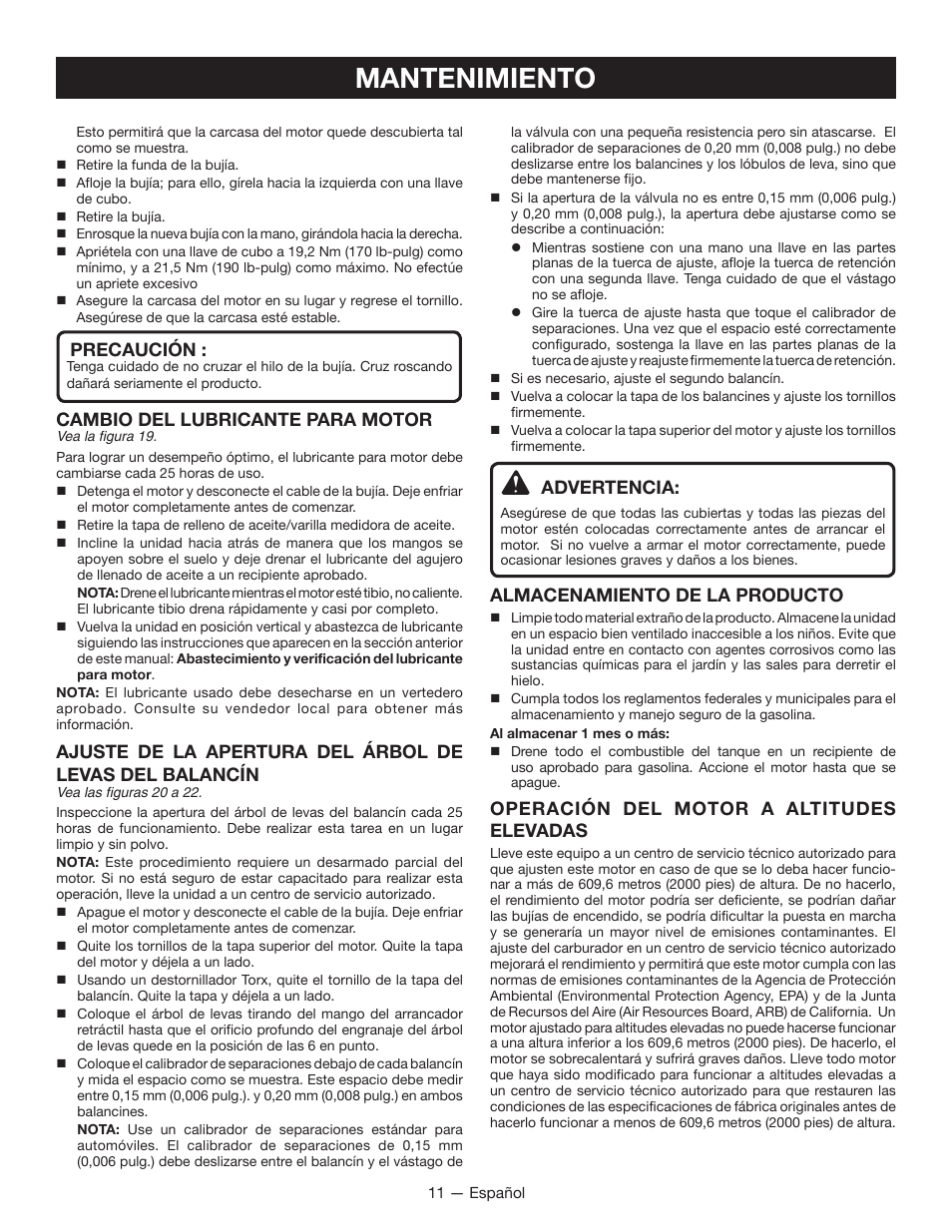 Mantenimiento, Precaución, Cambio del lubricante para motor | Advertencia, Almacenamiento de la producto, Operación del motor a altitudes elevadas | Ryobi RY13010 User Manual | Page 42 / 48