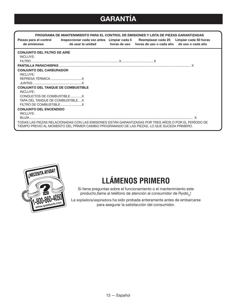 Llámenos primero, Garantía, Necesita a yuda | Ryobi RY13010 User Manual | Page 44 / 48
