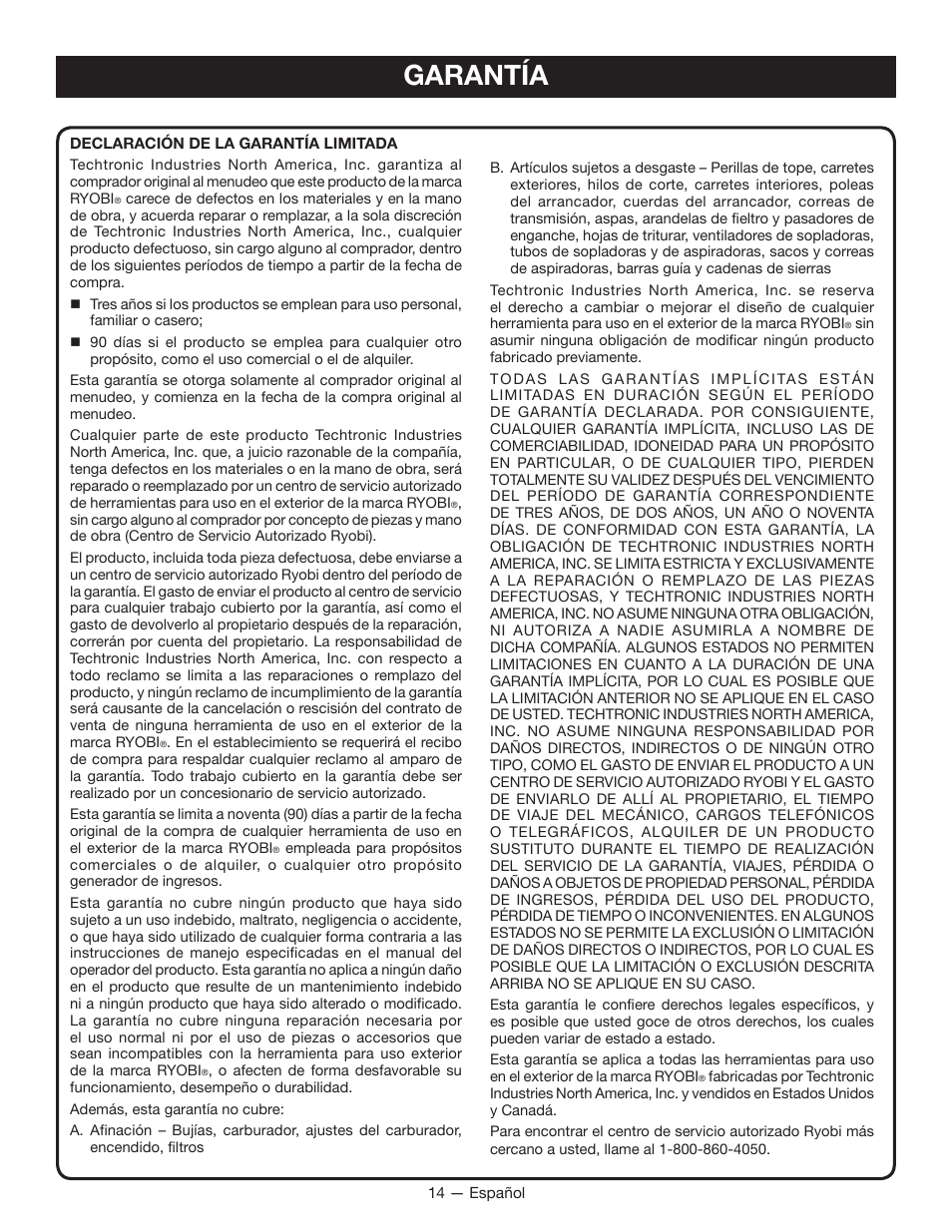 Garantía | Ryobi RY13010 User Manual | Page 45 / 48