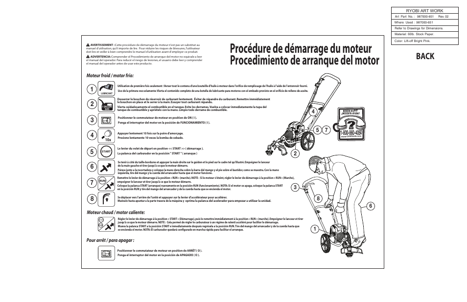 Back, Moteur froid / motor frío | Ryobi RY13010 User Manual | Page 2 / 2