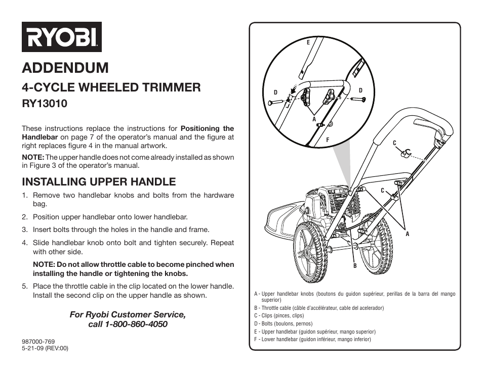 Ryobi RY13010 User Manual | 2 pages