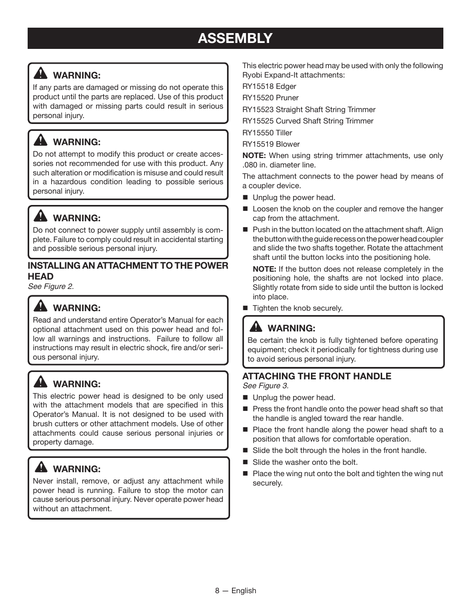 Assembly | Ryobi RY15124 User Manual | Page 10 / 34