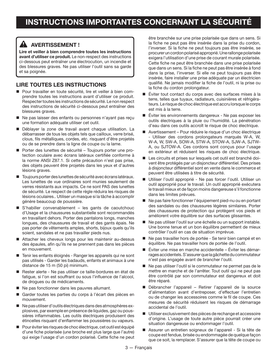 Instructions importantes concernant la sécurité, Avertissement, Lire toutes les instructions | Ryobi RY15124 User Manual | Page 14 / 34