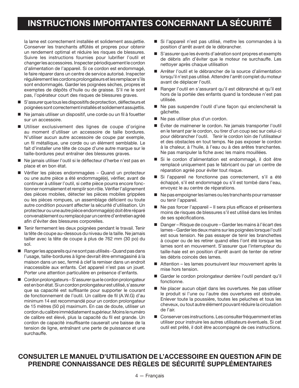 Instructions importantes concernant la sécurité | Ryobi RY15124 User Manual | Page 15 / 34