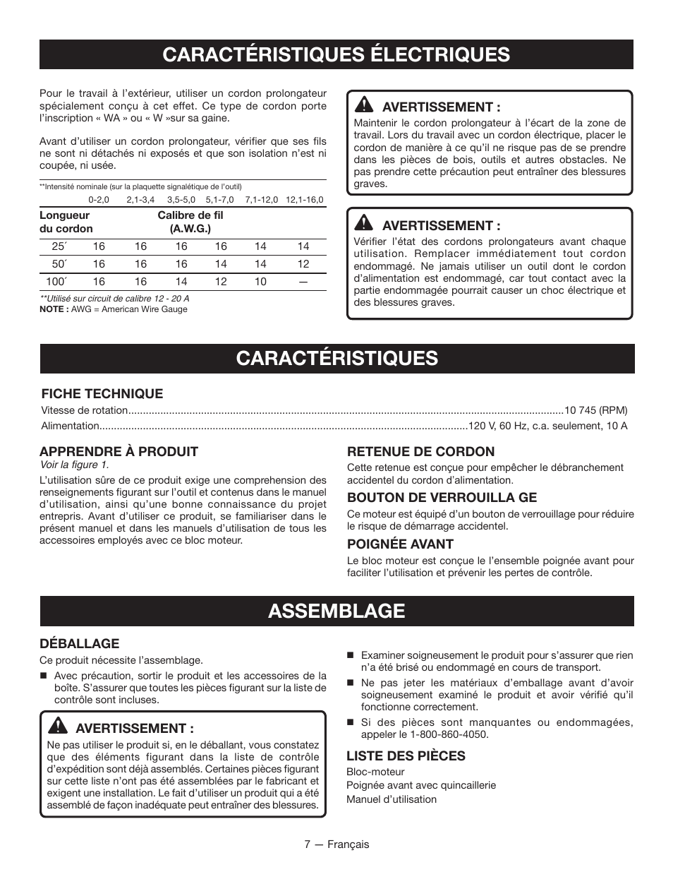 Caractéristiques électriques, Caractéristiques, Assemblage | Ryobi RY15124 User Manual | Page 18 / 34