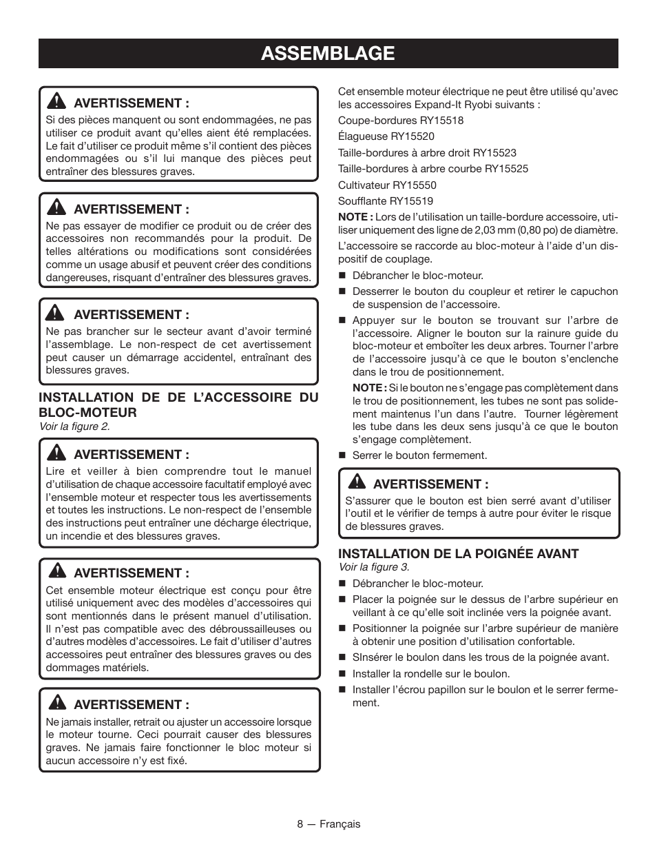 Assemblage | Ryobi RY15124 User Manual | Page 19 / 34