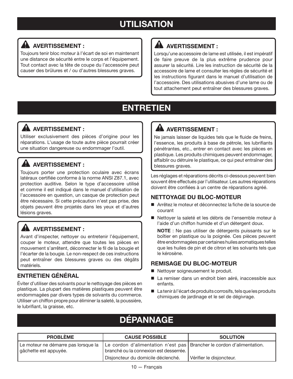 Entretien, Dépannage, Utilisation | Ryobi RY15124 User Manual | Page 21 / 34