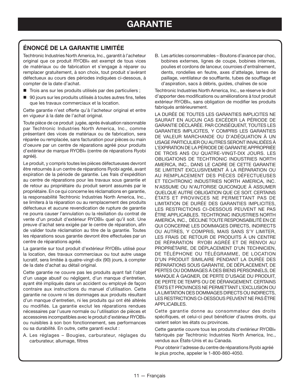 Garantie, Énoncé de la garantie limitée | Ryobi RY15124 User Manual | Page 22 / 34