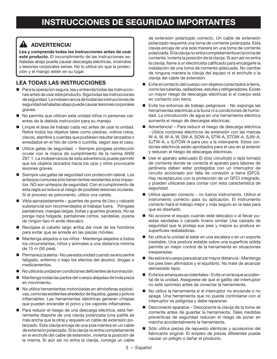 Instrucciones de seguridad importantes, Advertencia, Lea todas las instrucciones | Ryobi RY15124 User Manual | Page 24 / 34