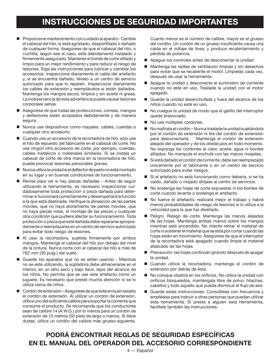 Instrucciones de seguridad importantes | Ryobi RY15124 User Manual | Page 25 / 34