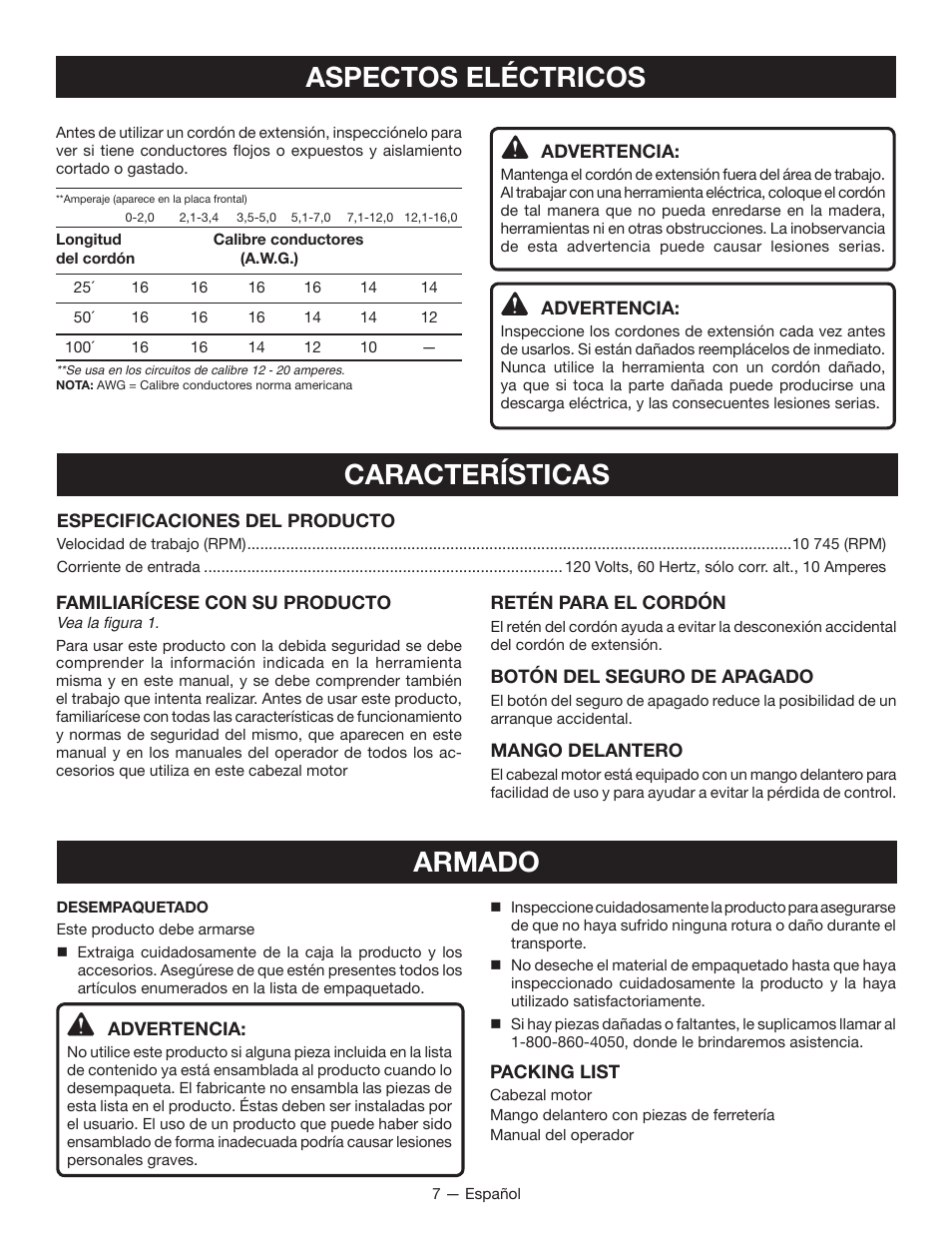 Aspectos eléctricos, Características, Armado | Ryobi RY15124 User Manual | Page 28 / 34