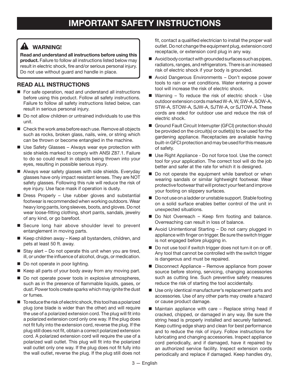 Important safety instructions | Ryobi RY15124 User Manual | Page 5 / 34