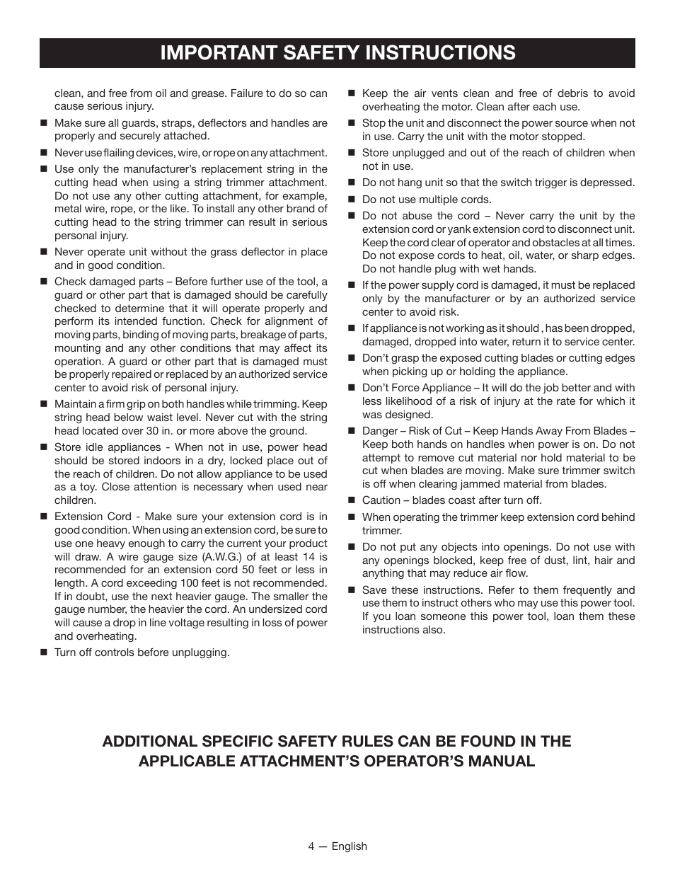 Important safety instructions | Ryobi RY15124 User Manual | Page 6 / 34