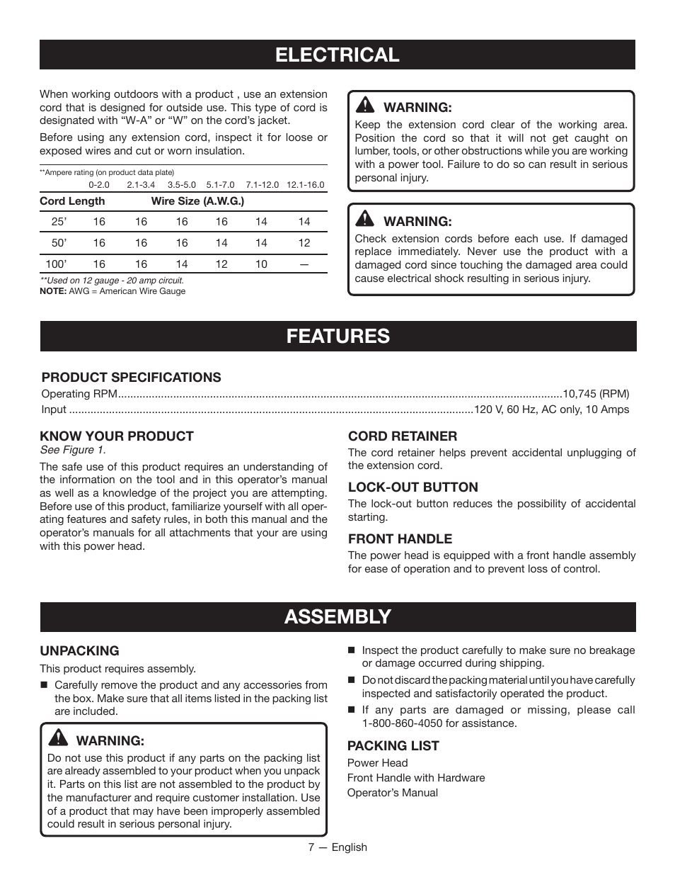 Electrical, Features, Assembly | Ryobi RY15124 User Manual | Page 9 / 34