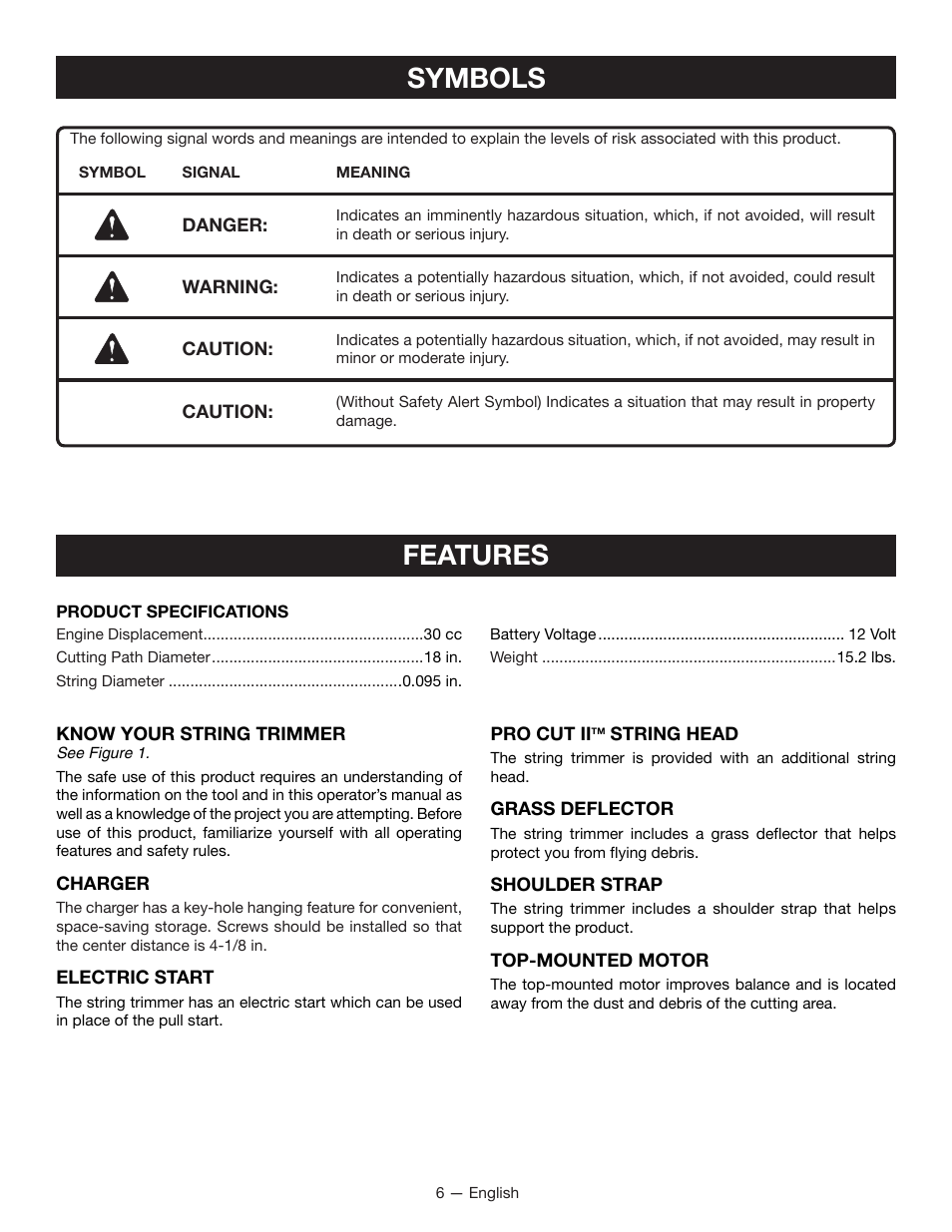Symbols, Features | Ryobi RY29550 User Manual | Page 10 / 52