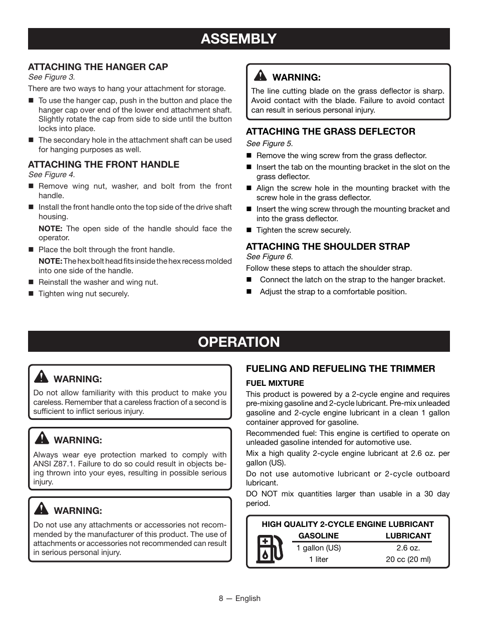 Assembly, Operation | Ryobi RY29550 User Manual | Page 12 / 52