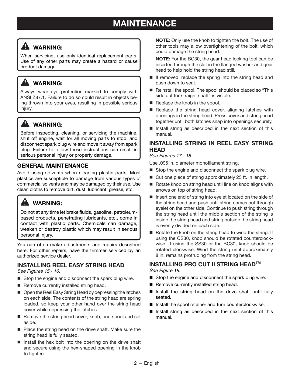 Maintenance | Ryobi RY29550 User Manual | Page 16 / 52