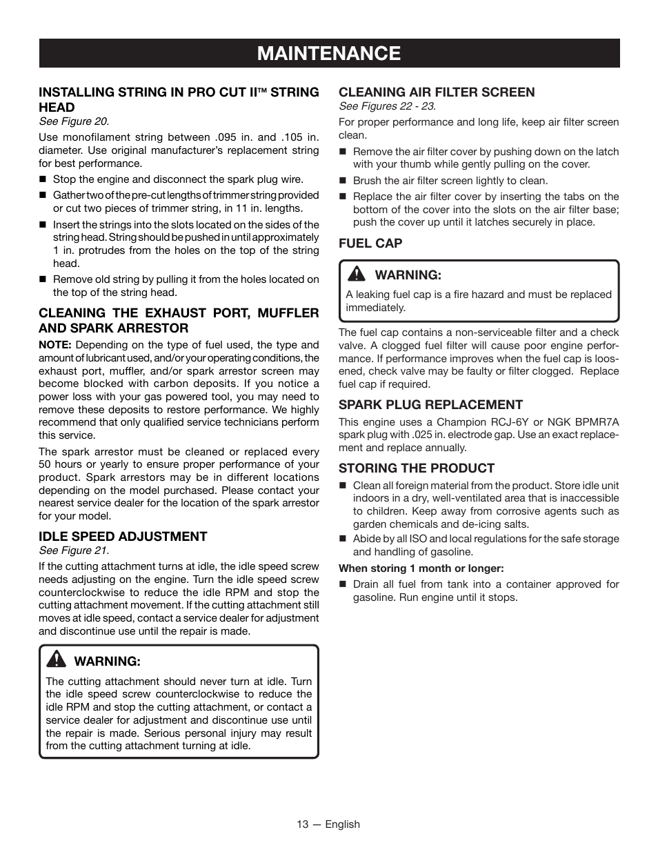 Maintenance | Ryobi RY29550 User Manual | Page 17 / 52